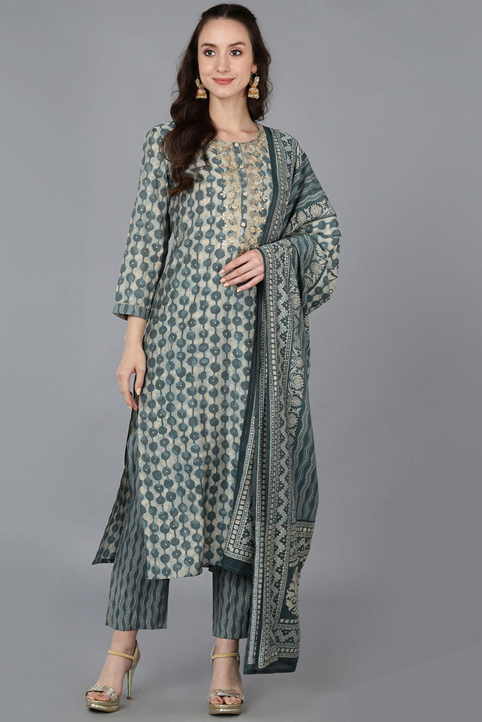 Green Silk Blend Abstract Straight Kurta Trousers With Dupatta 