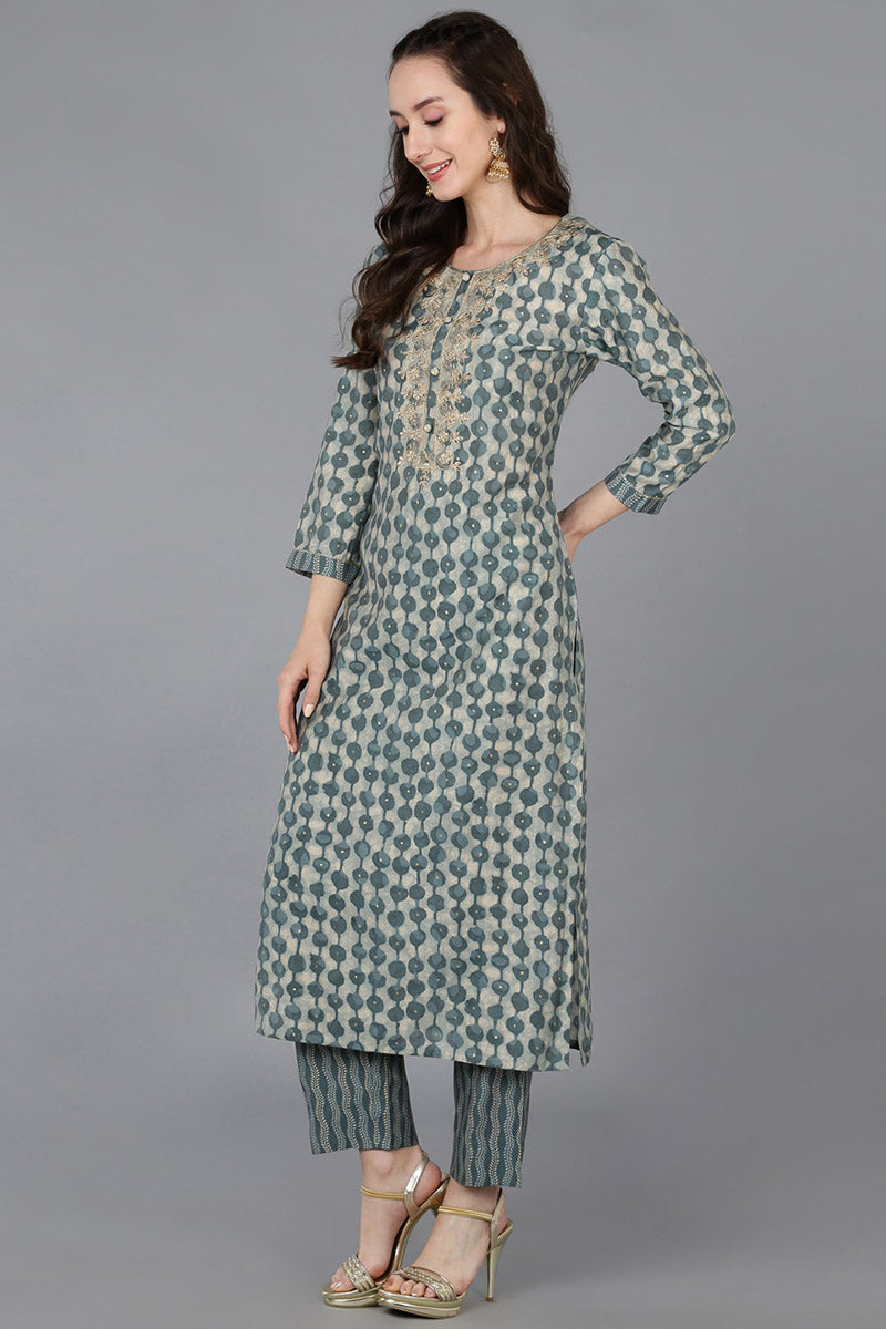 Green Silk Blend Abstract Straight Kurta Trousers With Dupatta 