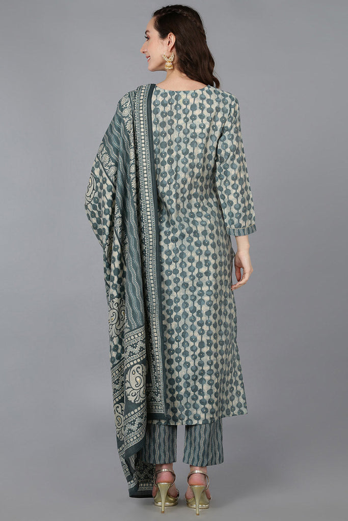 Green Silk Blend Abstract Straight Kurta Trousers With Dupatta 