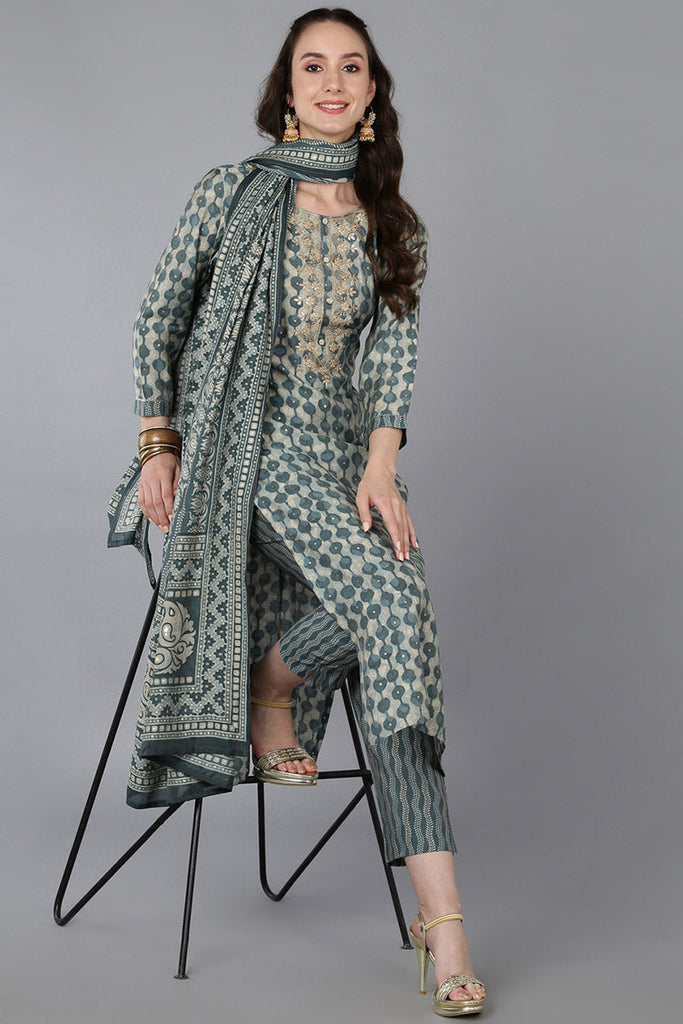 Green Silk Blend Abstract Straight Kurta Trousers With Dupatta 