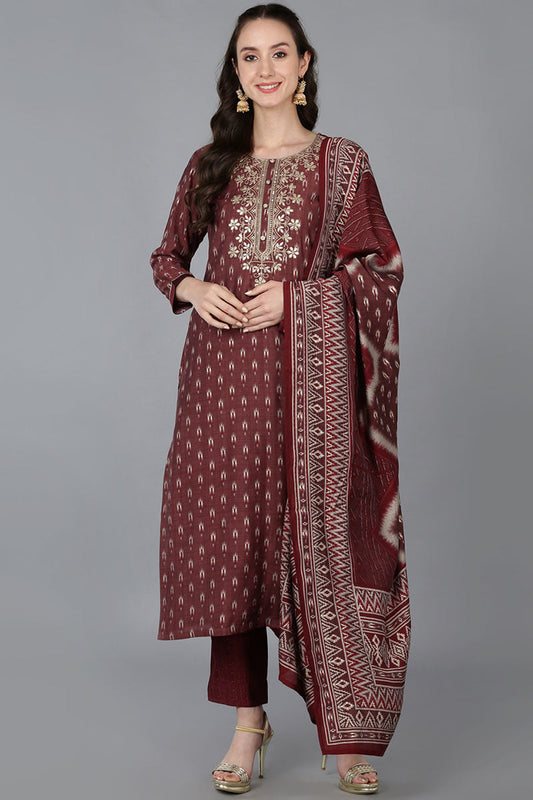 Maroon Silk Blend Geometric Straight Kurta Trousers With Dupatta 