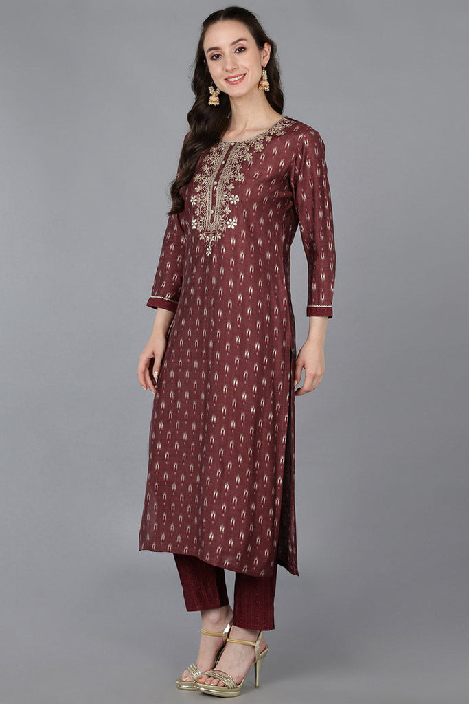 Maroon Silk Blend Geometric Straight Kurta Trousers With Dupatta 