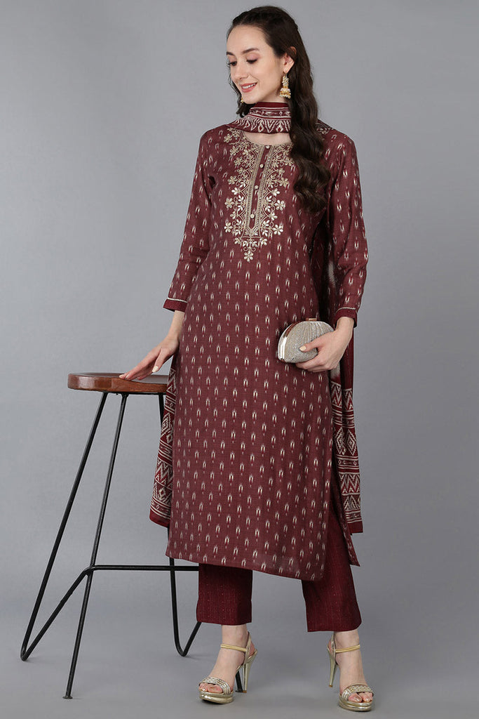 Maroon Silk Blend Geometric Straight Kurta Trousers With Dupatta 