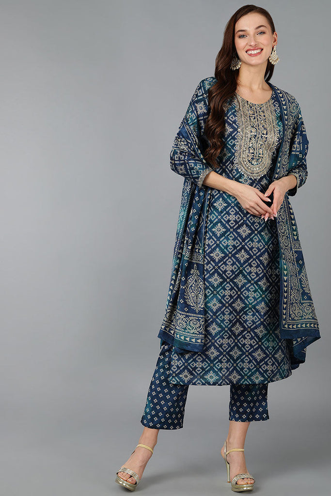 Blue Silk Blend Abstract Straight Kurta Trousers With Dupatta 