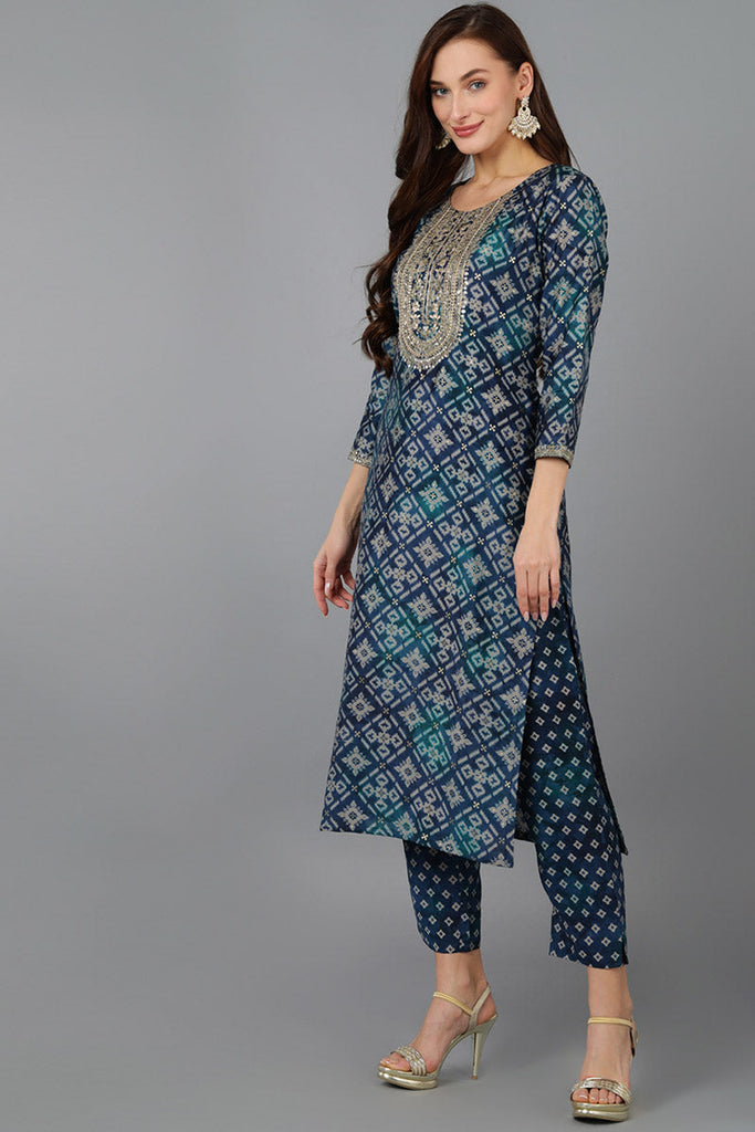 Blue Silk Blend Abstract Straight Kurta Trousers With Dupatta 