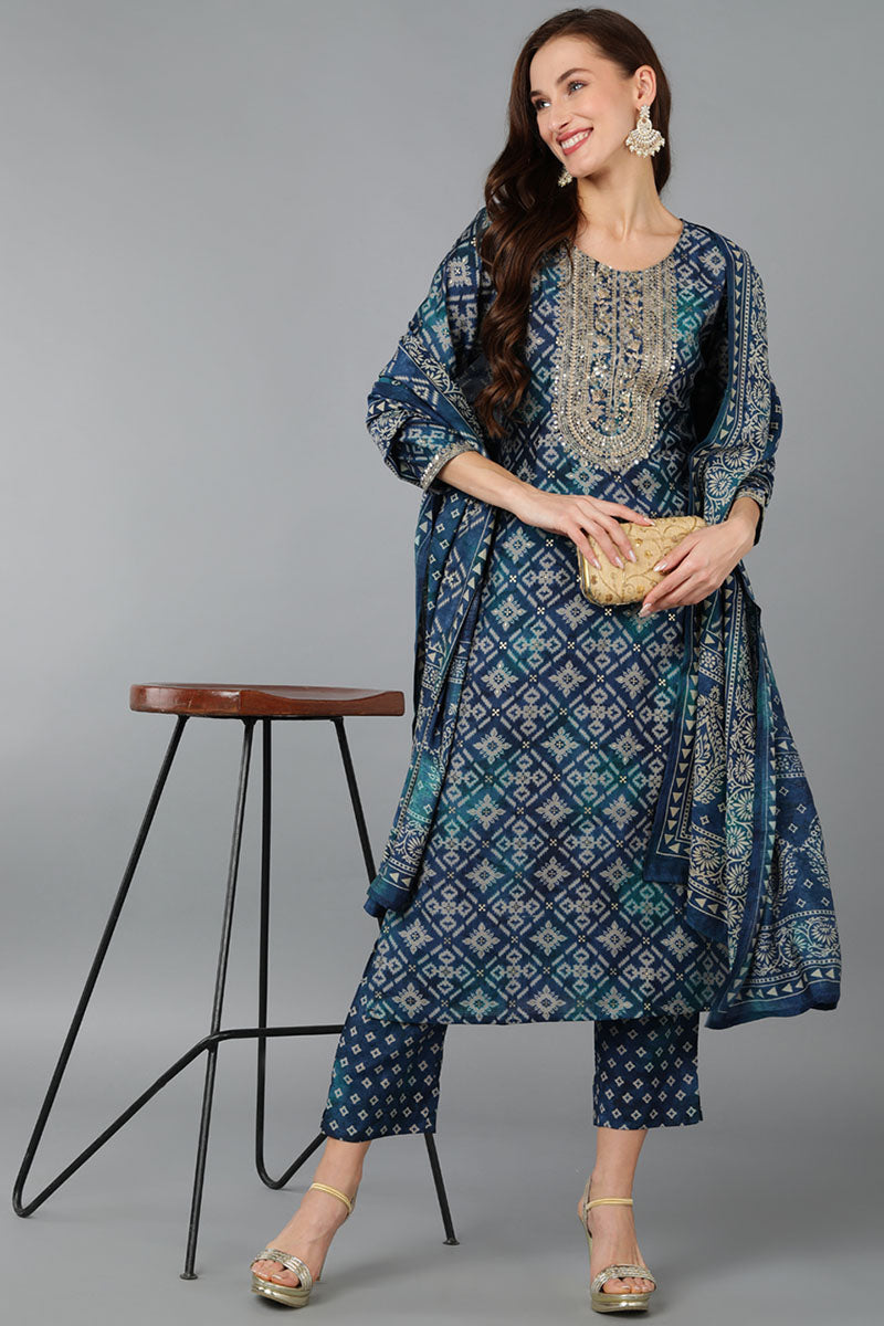 Blue Silk Blend Abstract Straight Kurta Trousers With Dupatta 