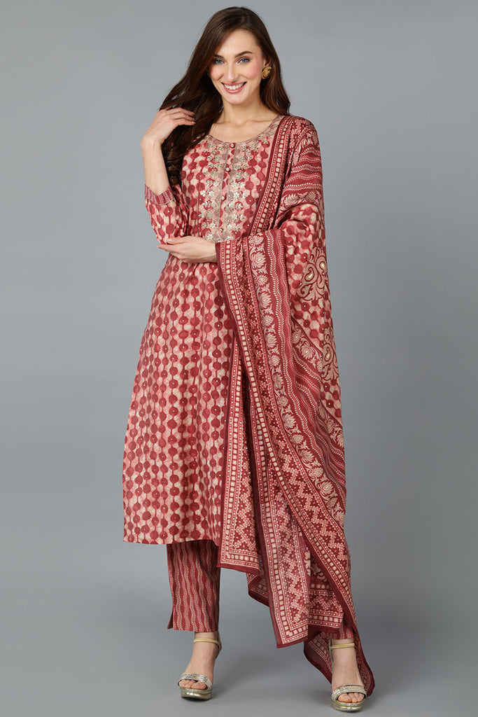 Beige Silk Blend Embroidered Geometric Printed Kurta Pant With Dupatta VKSKD1708