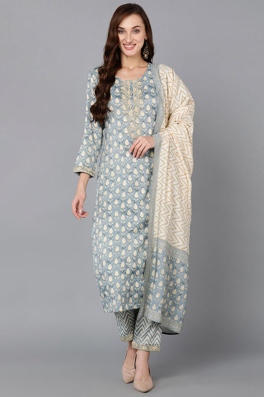 Viscose Rayon Grey Printed Straight Kurta Pant With Dupatta VKSKD1711