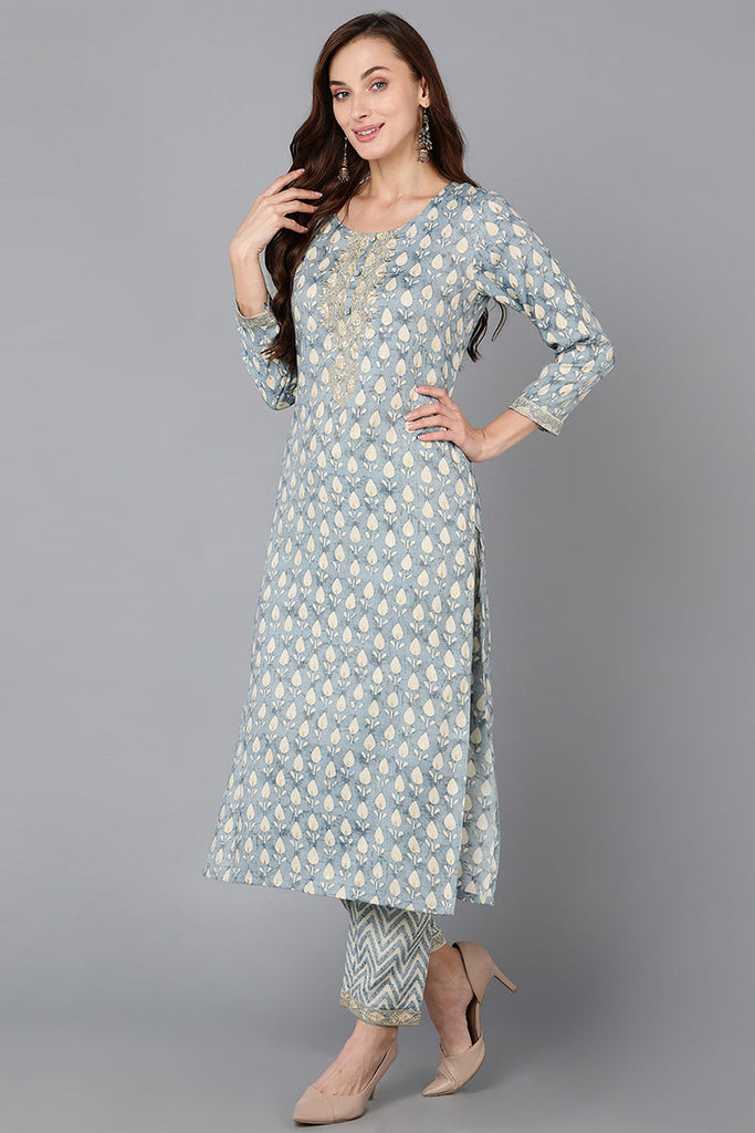 Viscose Rayon Grey Printed Straight Kurta Pant With Dupatta VKSKD1711