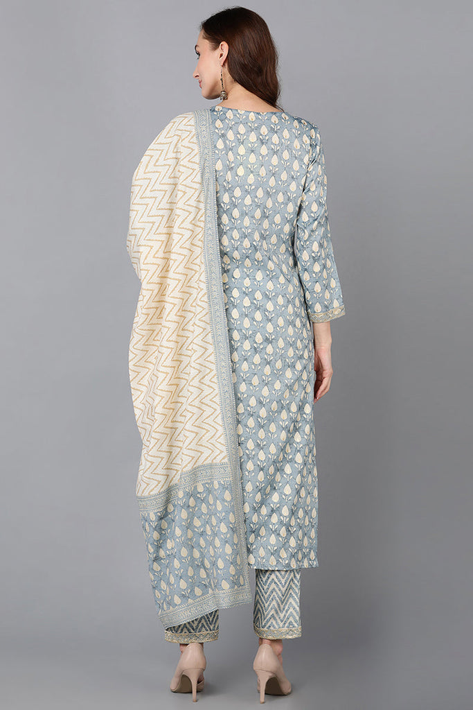 Viscose Rayon Grey Printed Straight Kurta Pant With Dupatta VKSKD1711