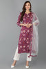 Purple Pure Cotton Floral Straight Kurta Pant With Dupatta