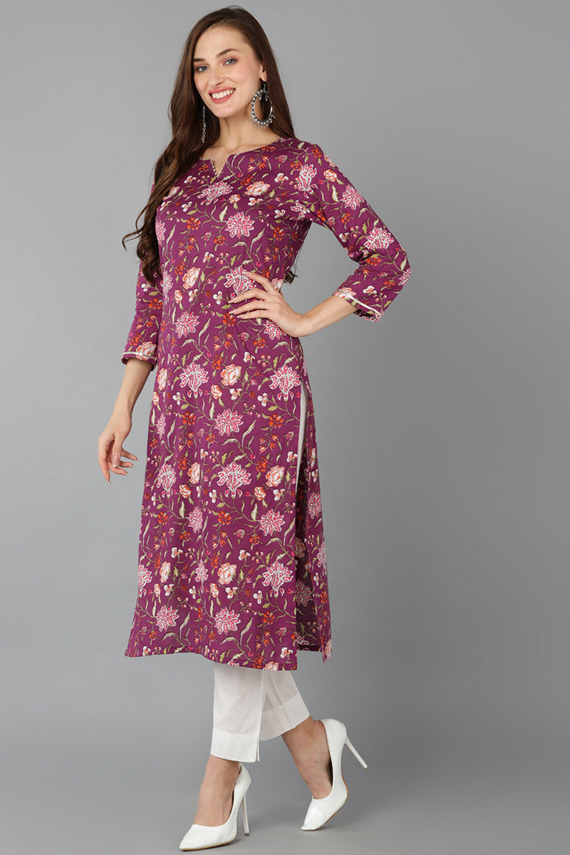 Purple Pure Cotton Floral Straight Kurta Pant With Dupatta