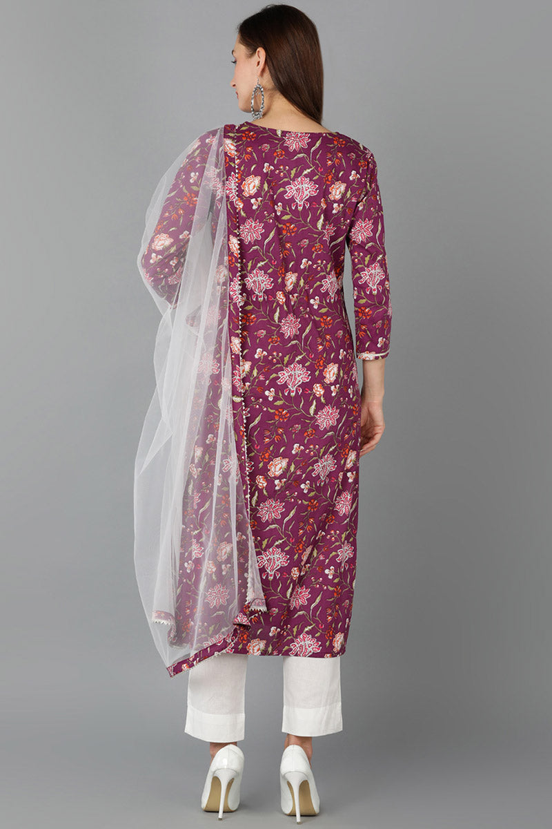 Purple Pure Cotton Floral Straight Kurta Pant With Dupatta