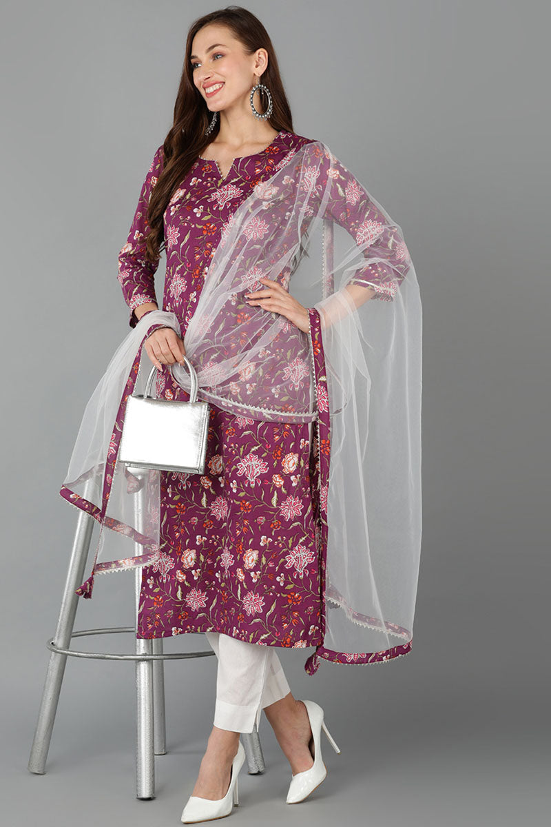 Purple Pure Cotton Floral Straight Kurta Pant With Dupatta