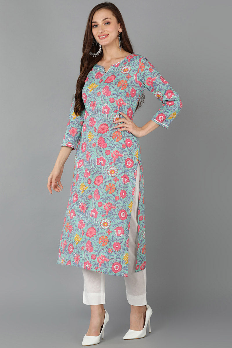 Sea Green Pure Cotton Floral Straight Kurta Pant With Dupatta