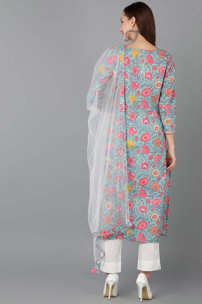 Sea Green Pure Cotton Floral Straight Kurta Pant With Dupatta