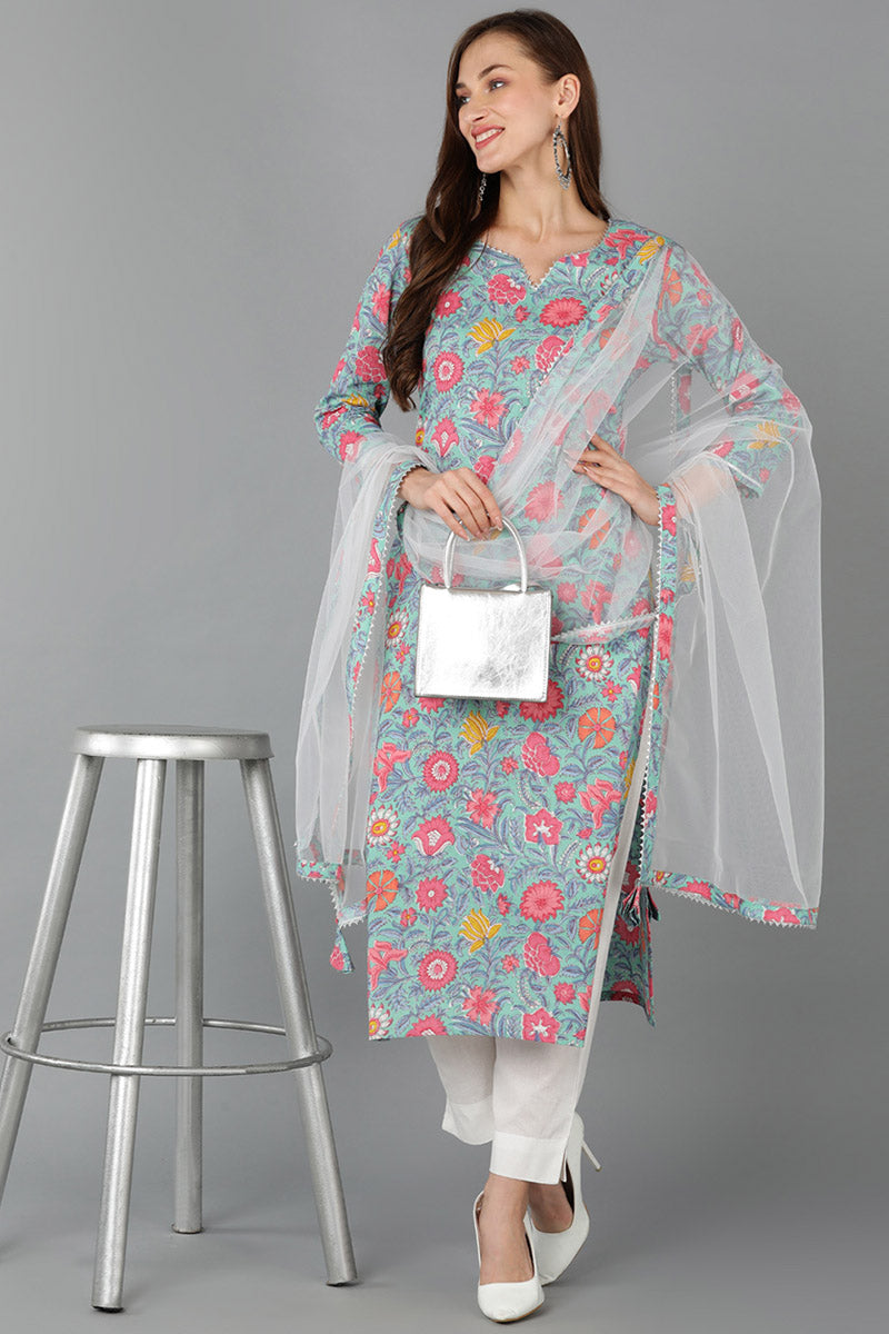 Sea Green Pure Cotton Floral Straight Kurta Pant With Dupatta