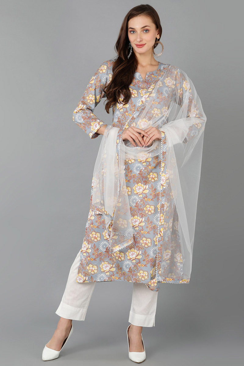 Grey Pure Cotton Floral Straight Kurta Pant With Dupatta