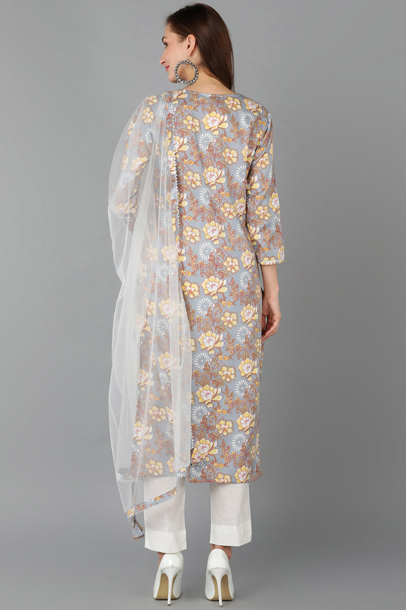 Grey Pure Cotton Floral Straight Kurta Pant With Dupatta