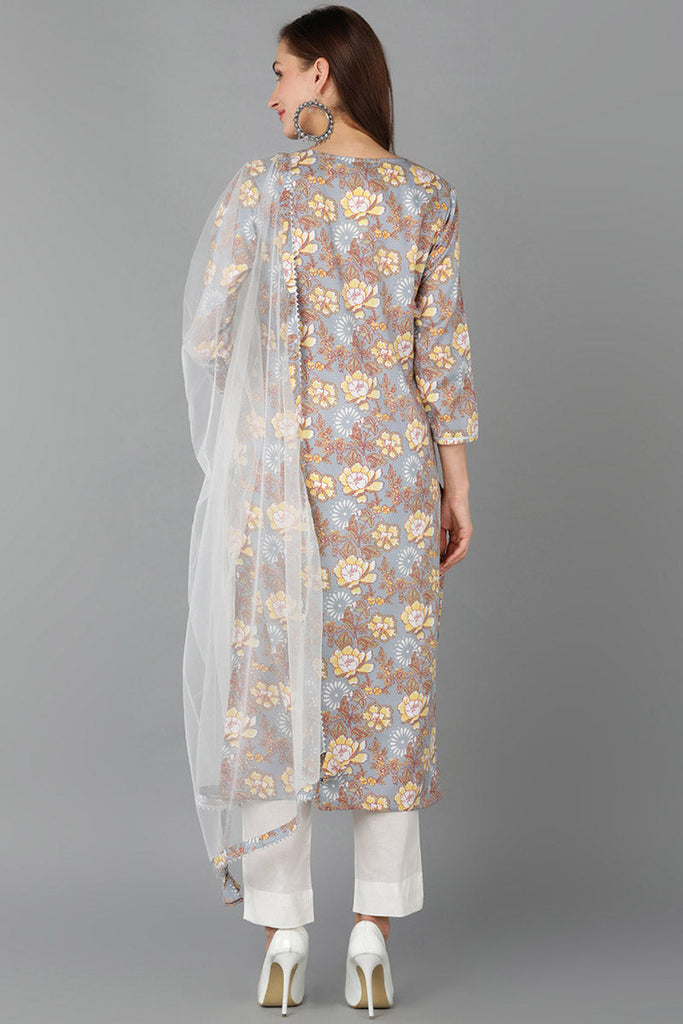 Grey Pure Cotton Floral Straight Kurta Pant With Dupatta