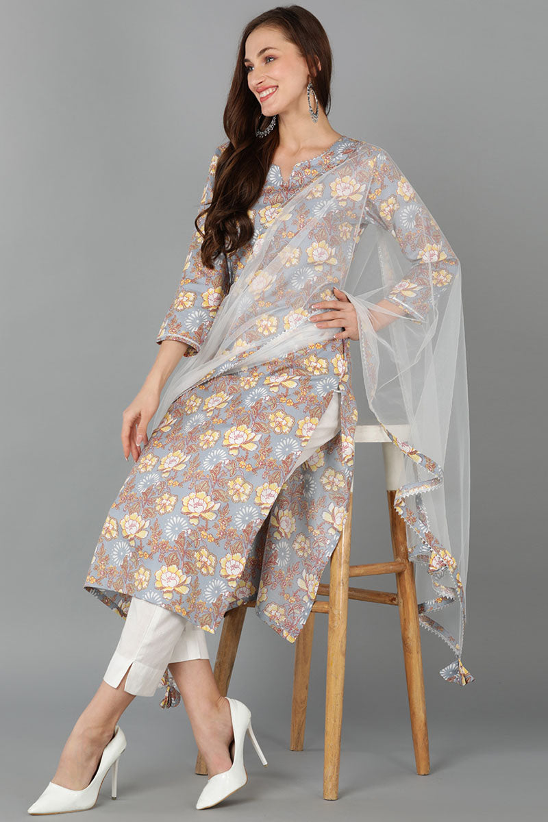 Grey Pure Cotton Floral Straight Kurta Pant With Dupatta