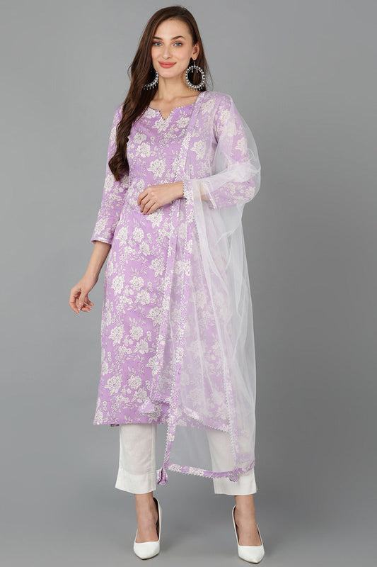 Purple Pure Cotton Floral Straight Kurta Pant With Dupatta