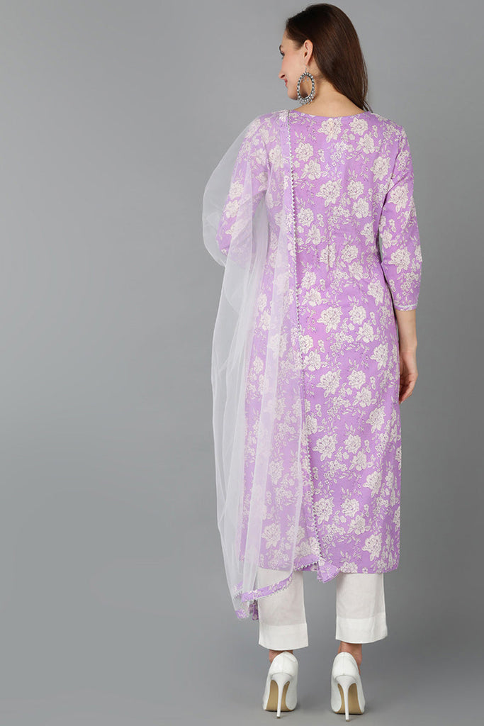 Purple Pure Cotton Floral Straight Kurta Pant With Dupatta