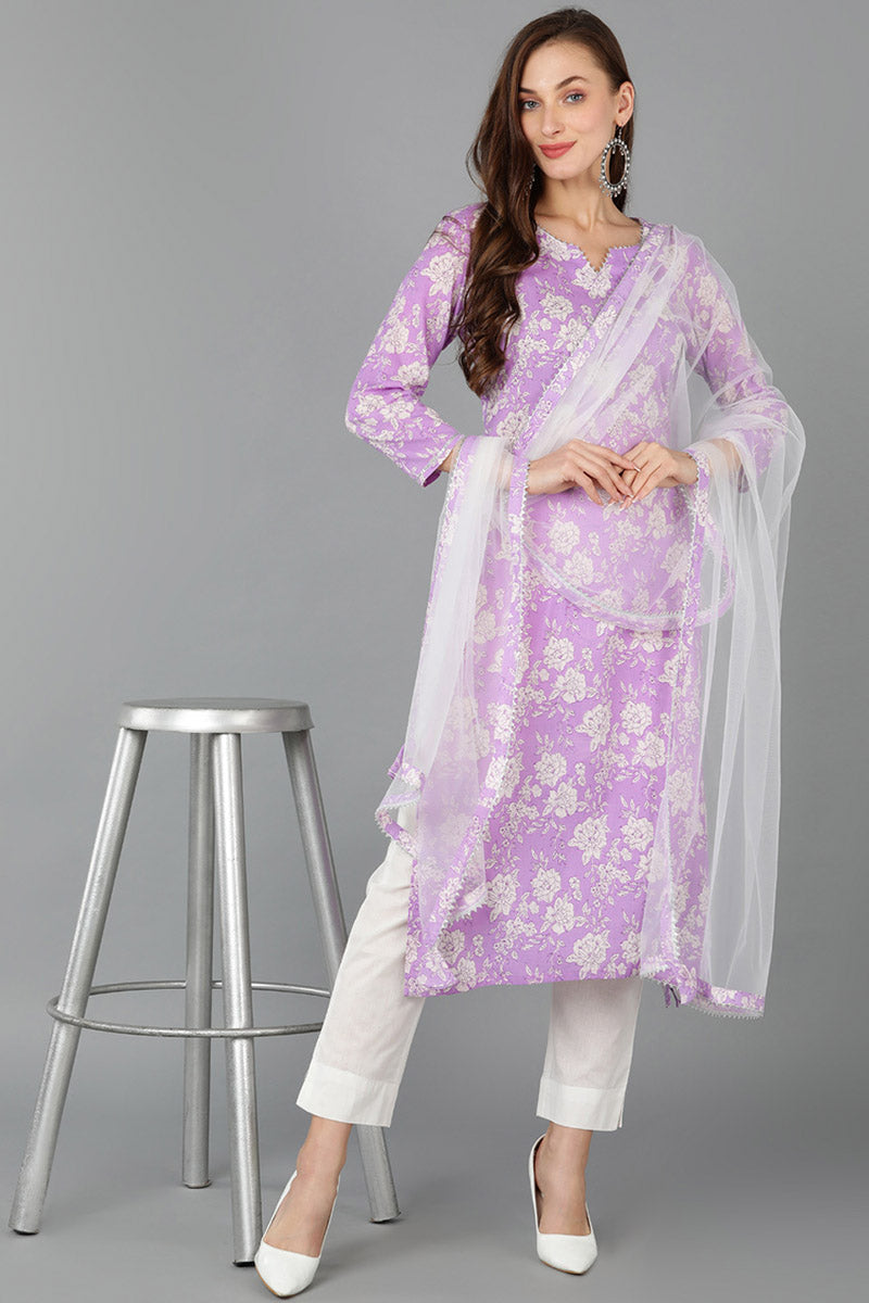 Purple Pure Cotton Floral Straight Kurta Pant With Dupatta