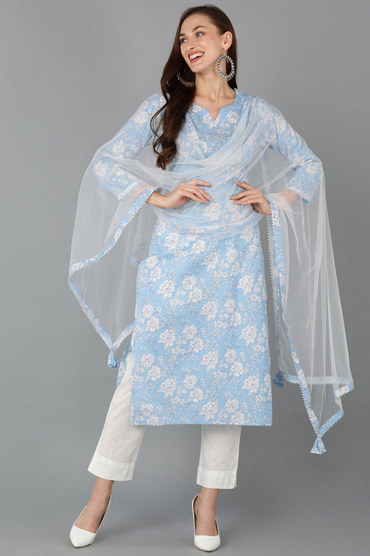 Blue Pure Cotton Floral Straight Kurta Pant With Dupatta