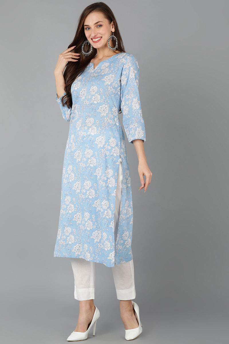 Blue Pure Cotton Floral Straight Kurta Pant With Dupatta