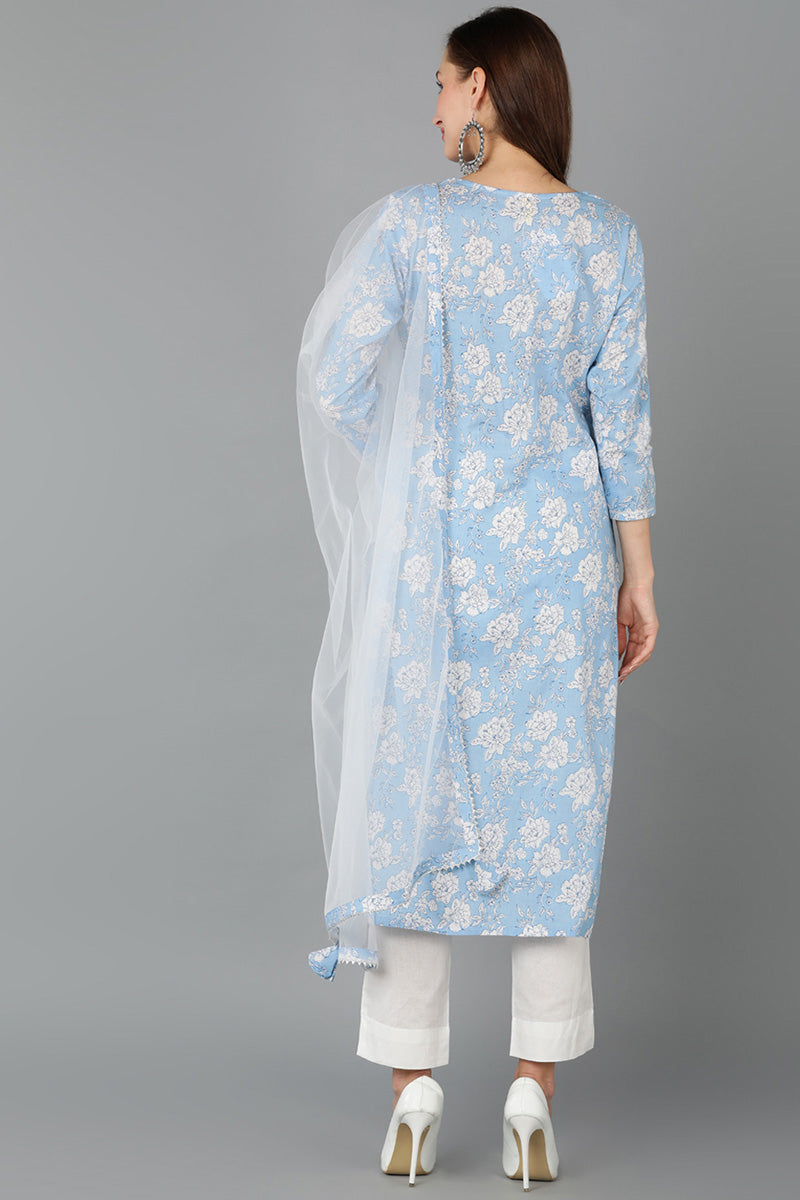 Blue Pure Cotton Floral Straight Kurta Pant With Dupatta