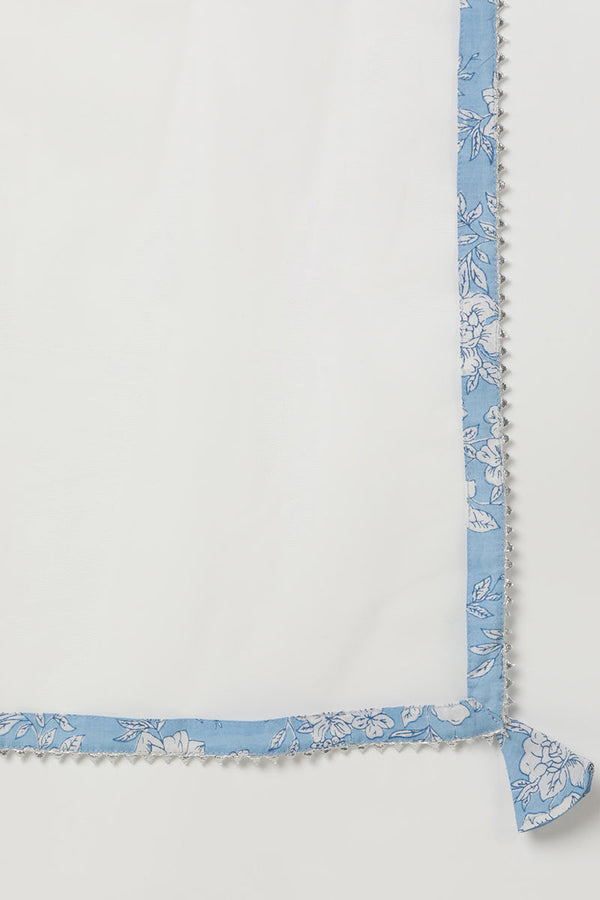 Blue Pure Cotton Floral Straight Kurta Pant With Dupatta