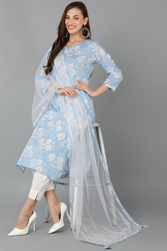 Blue Pure Cotton Floral Straight Kurta Pant With Dupatta