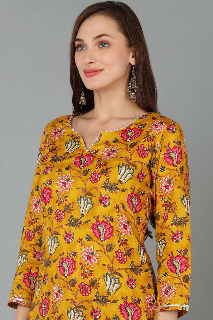 Mustard Pure Cotton Floral Straight Kurta Pant With Dupatta