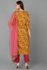 Mustard Pure Cotton Floral Straight Kurta Pant With Dupatta