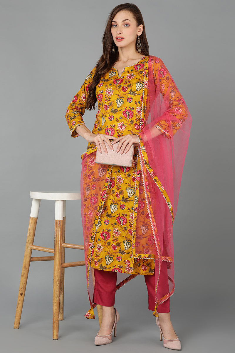 Mustard Pure Cotton Floral Straight Kurta Pant With Dupatta