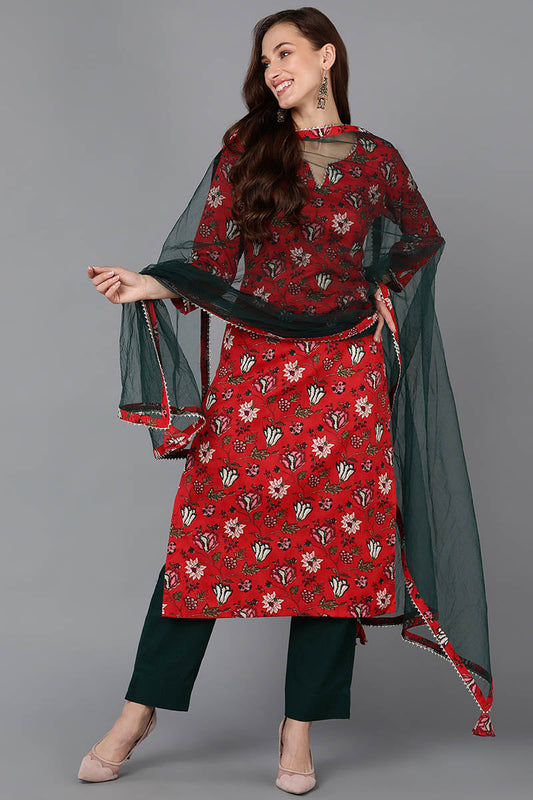 Red Pure Cotton Floral Straight Kurta Pant With Dupatta