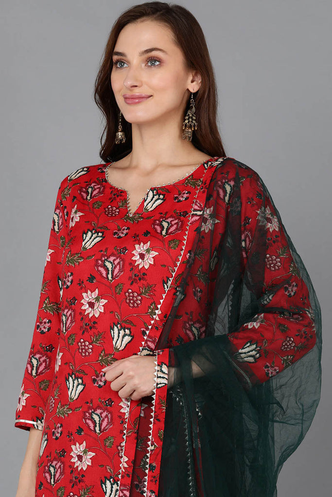 Red Pure Cotton Floral Straight Kurta Pant With Dupatta