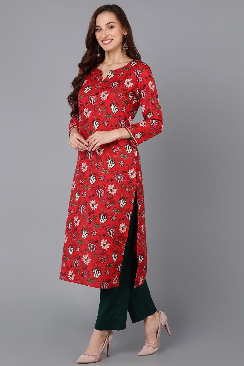 Red Pure Cotton Floral Straight Kurta Pant With Dupatta