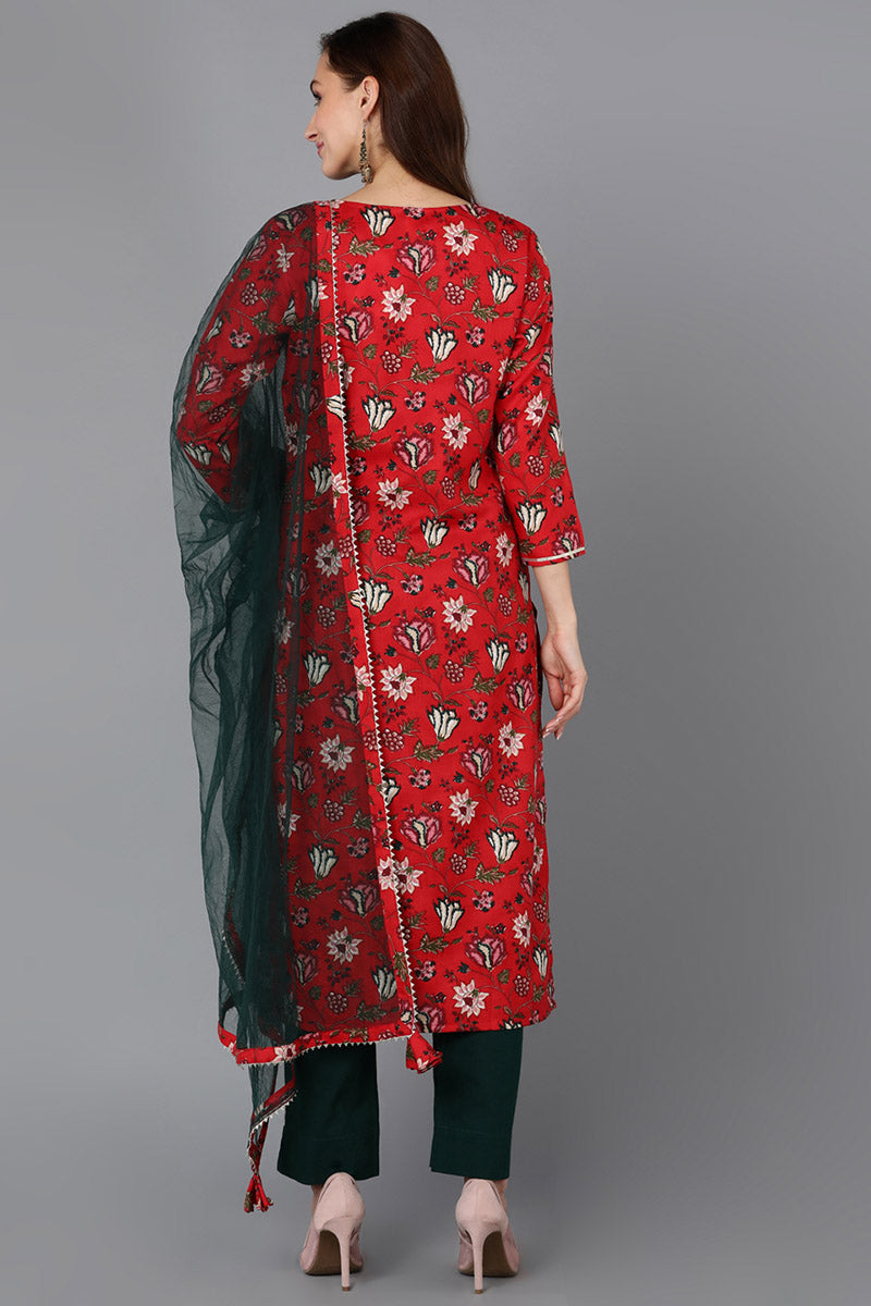 Red Pure Cotton Floral Straight Kurta Pant With Dupatta