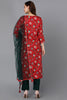 Red Pure Cotton Floral Straight Kurta Pant With Dupatta