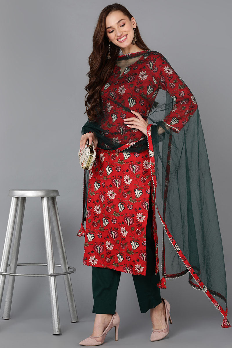 Red Pure Cotton Floral Straight Kurta Pant With Dupatta