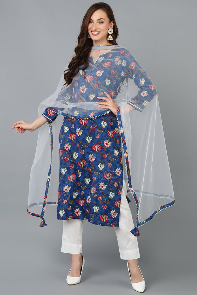 Blue Rayon Blend Printed Kurta Pant With Dupatta VKSKD1720