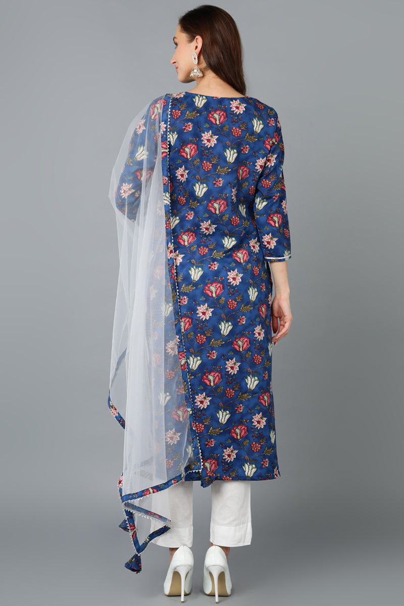 Blue Rayon Blend Printed Kurta Pant With Dupatta VKSKD1720