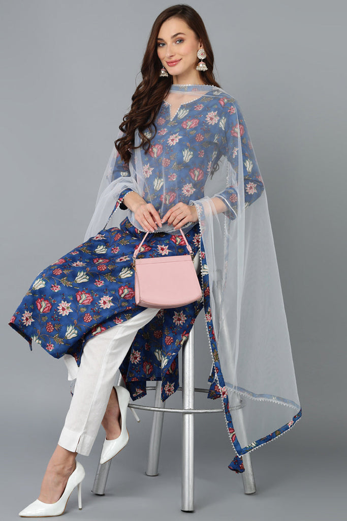 Blue Rayon Blend Printed Kurta Pant With Dupatta VKSKD1720