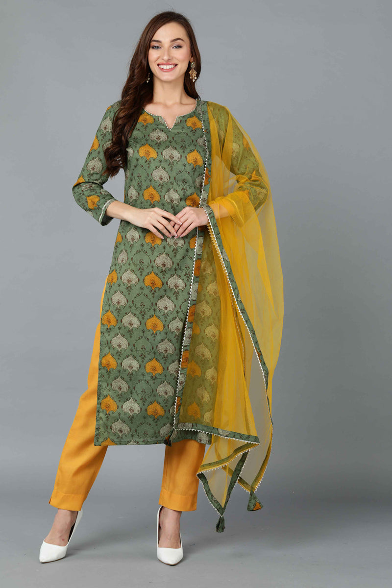 Green Rayon Blend Ethnic Motif Printed Straight Suit Set VKSKD1721