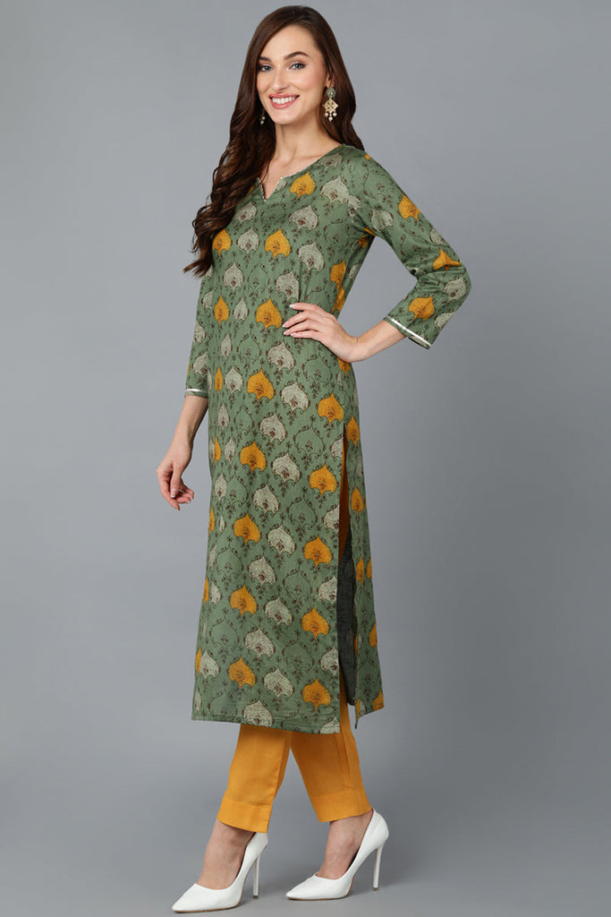 Green Rayon Blend Ethnic Motif Printed Straight Suit Set VKSKD1721