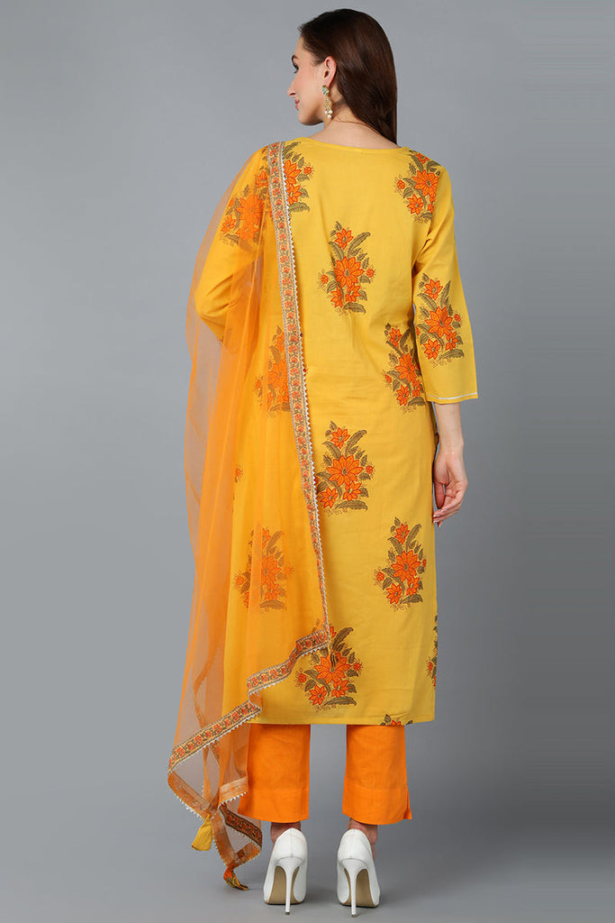 Mustard Orange Rayon Blend Floral Printed Straight Suit Set VKSKD1725