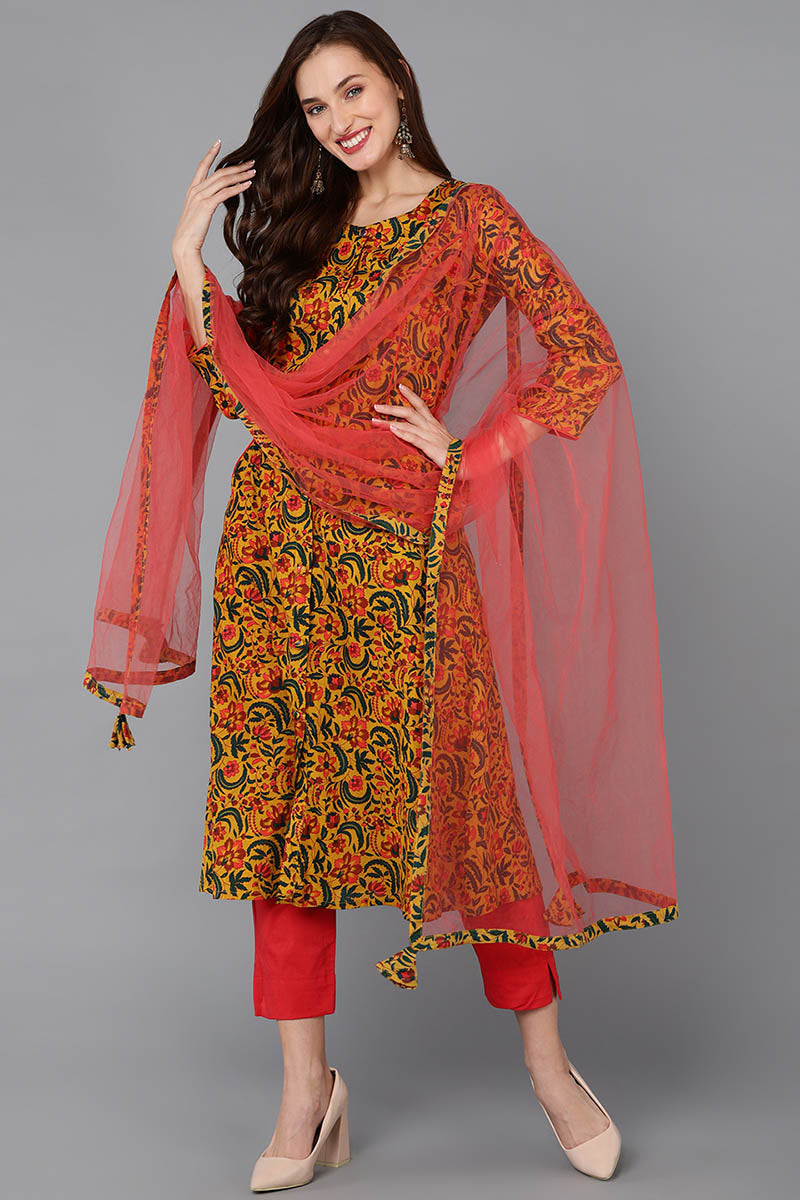 Mustard Pure Cotton Floral A-Line Kurta Pant With Dupatta