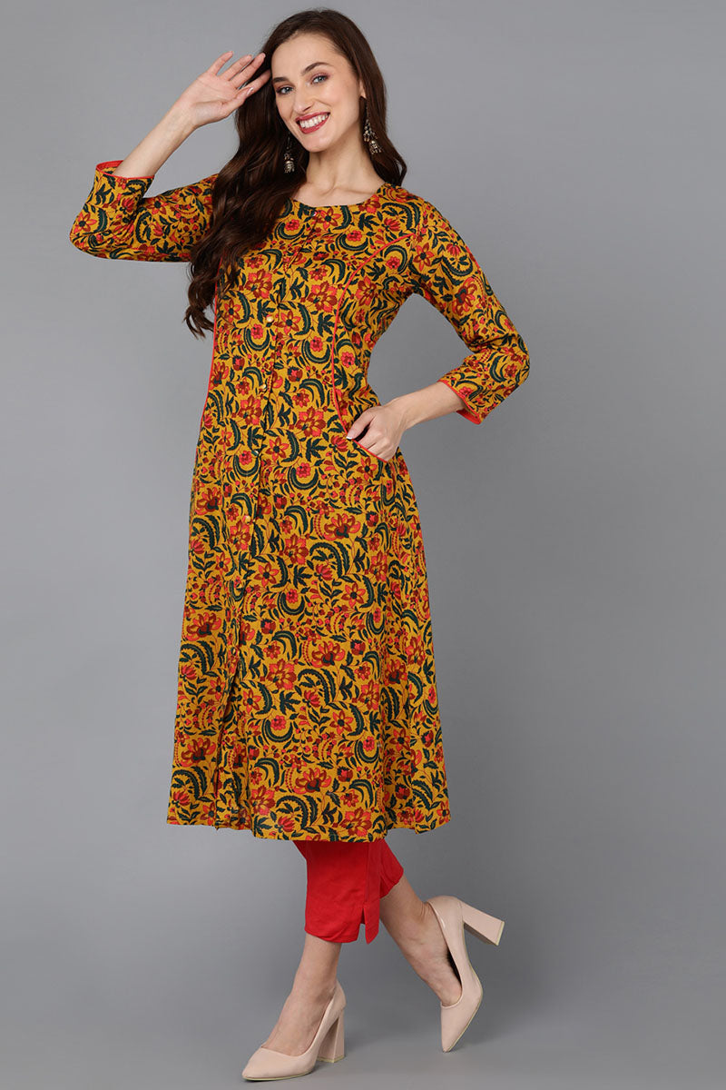 Mustard Pure Cotton Floral A-Line Kurta Pant With Dupatta